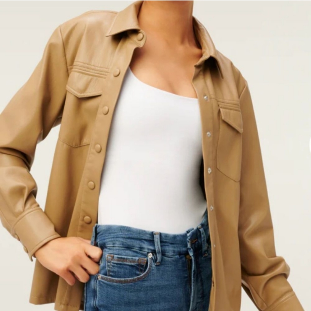 Good American better than leather utility shirt warm caramel color.
